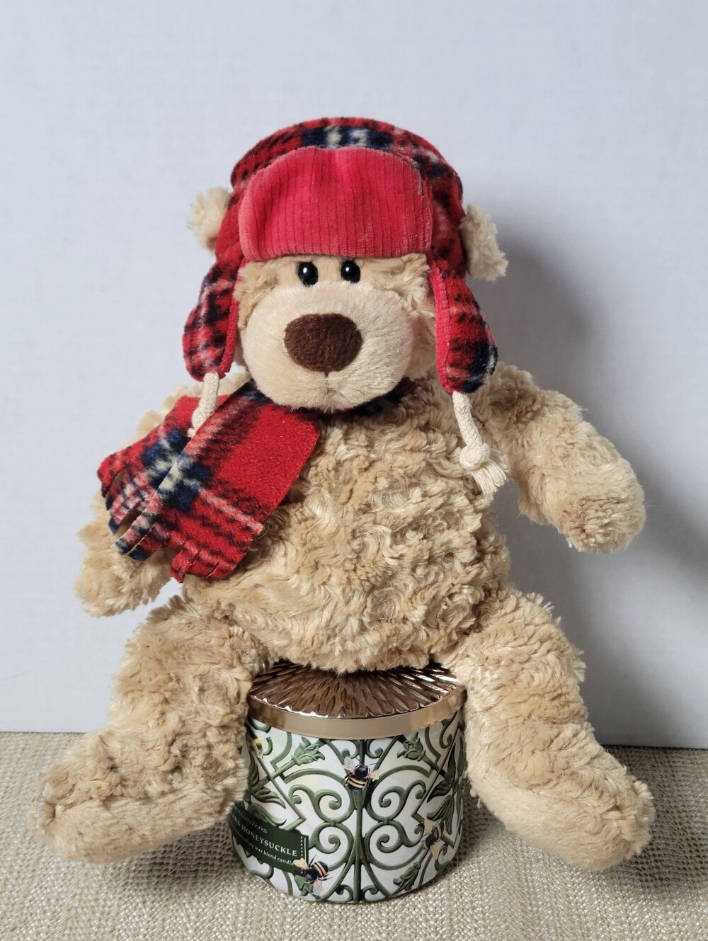 Vintage GUND Plush Teddy Bear with Red Plaid Hat & Scarf